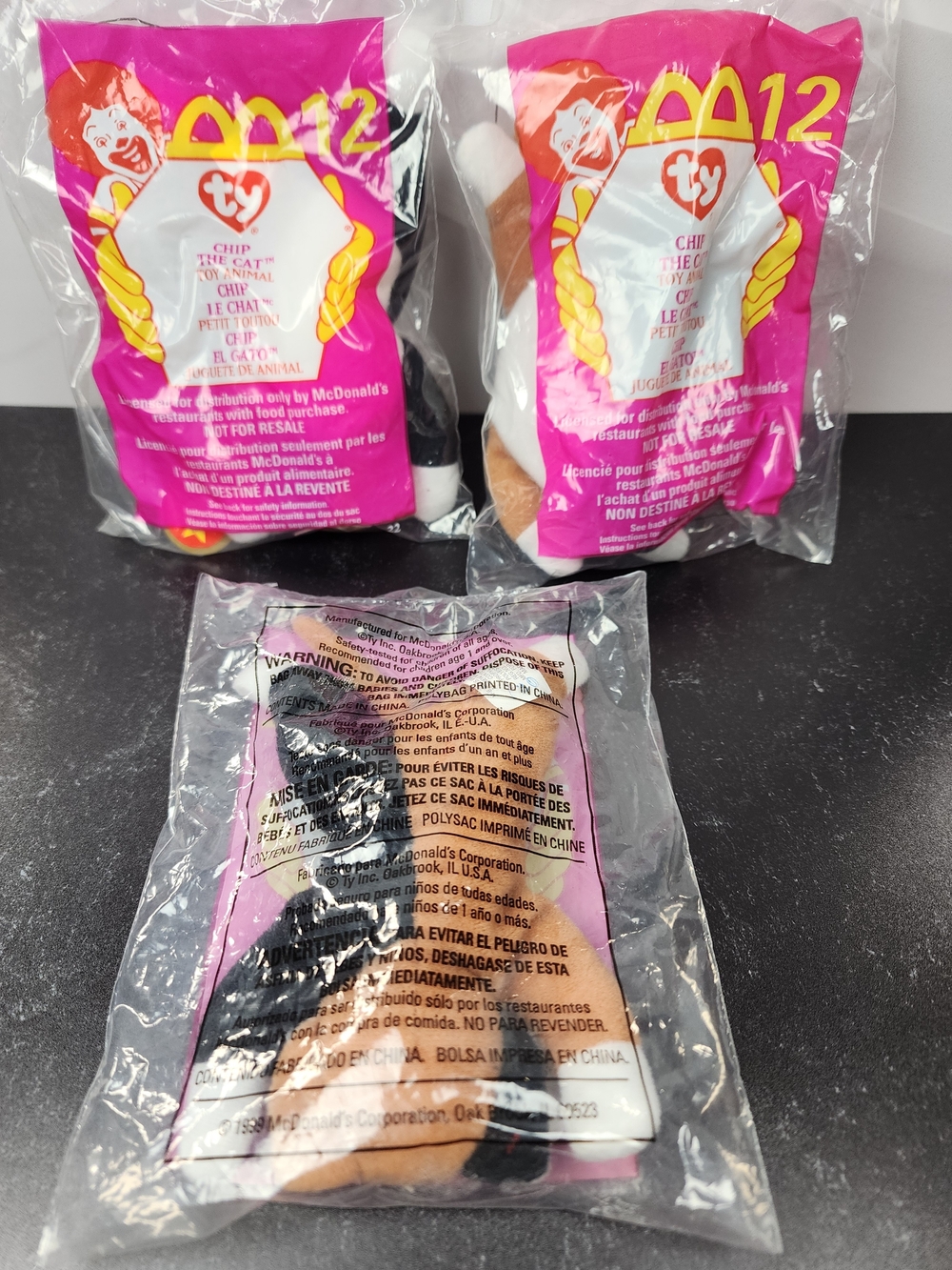 🐱 Lot of 3 — McDonald's Ty Teenie Beanie Baby Chip the Cat #12 (1999) — Sealed